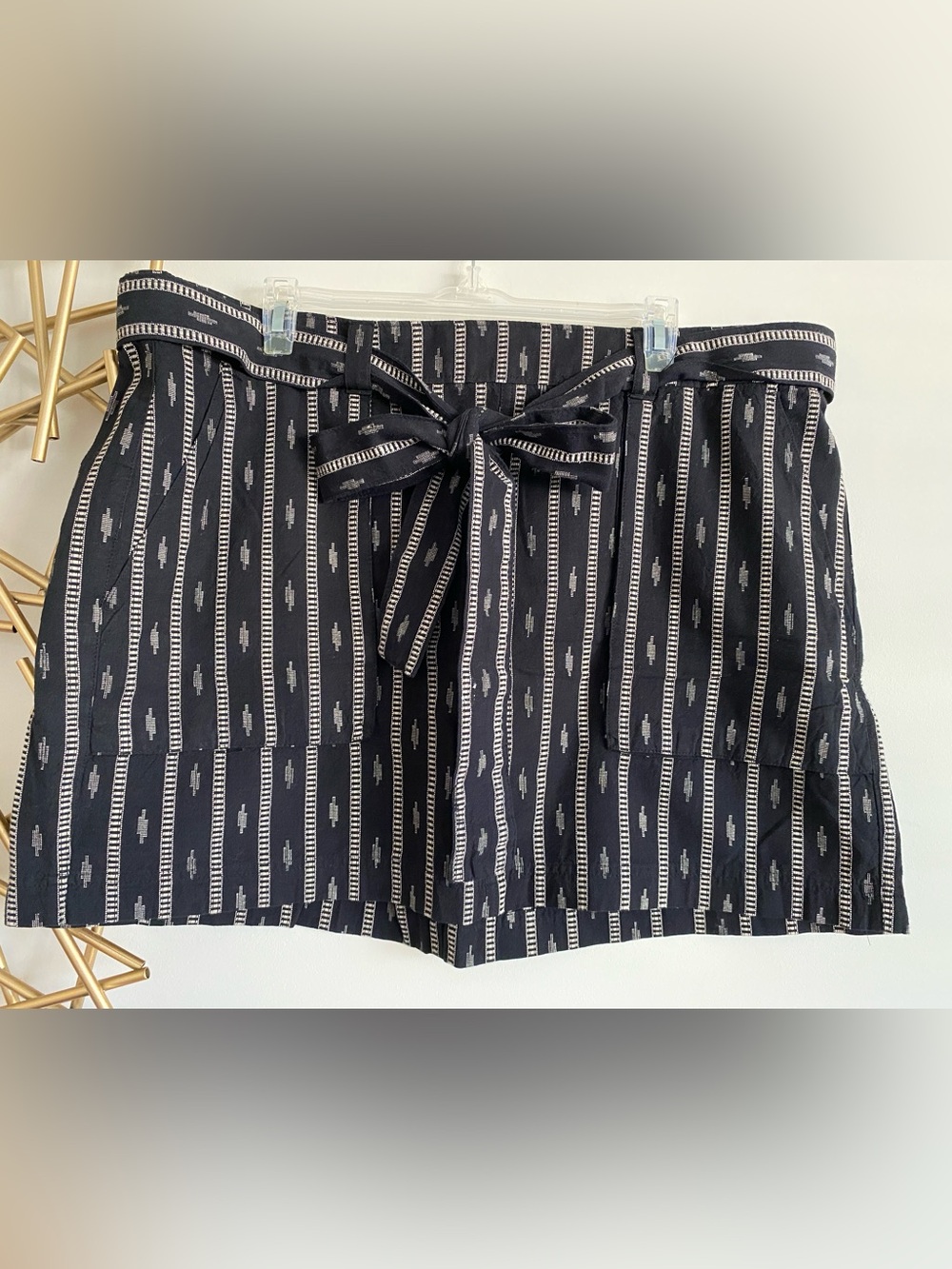 Old Navy Black White Ikat Print Linen Tie Elastic Waistband Mini Skirt PocketsXL